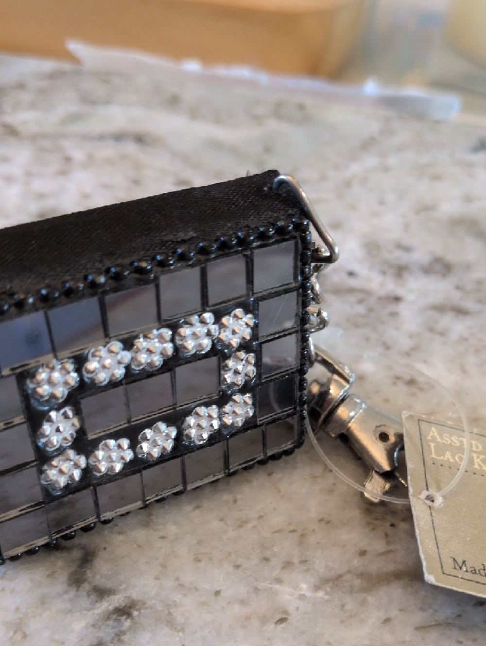 Embellished Mirror Tile Square Keychain - Silver and Black - Picture 7 of 7